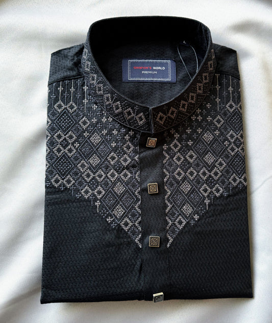 Taaroo Embroidery Cotton Karchupi Panjabi for Men - Black - TPJ-11