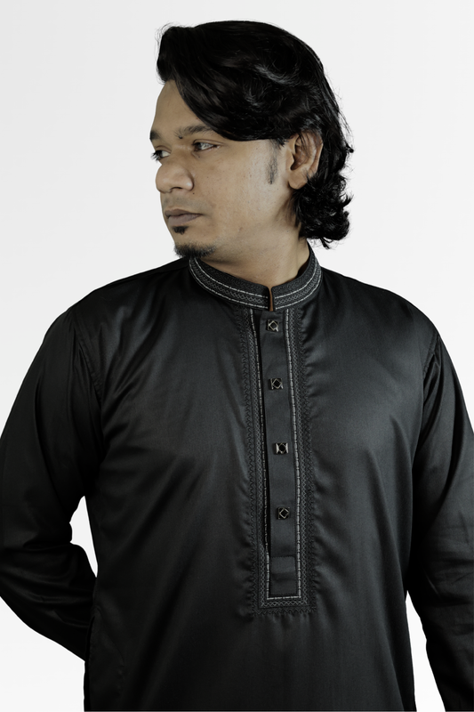 Taaroo Embroidery Cotton Panjabi for Men - Black Karchupi - TPJ-08