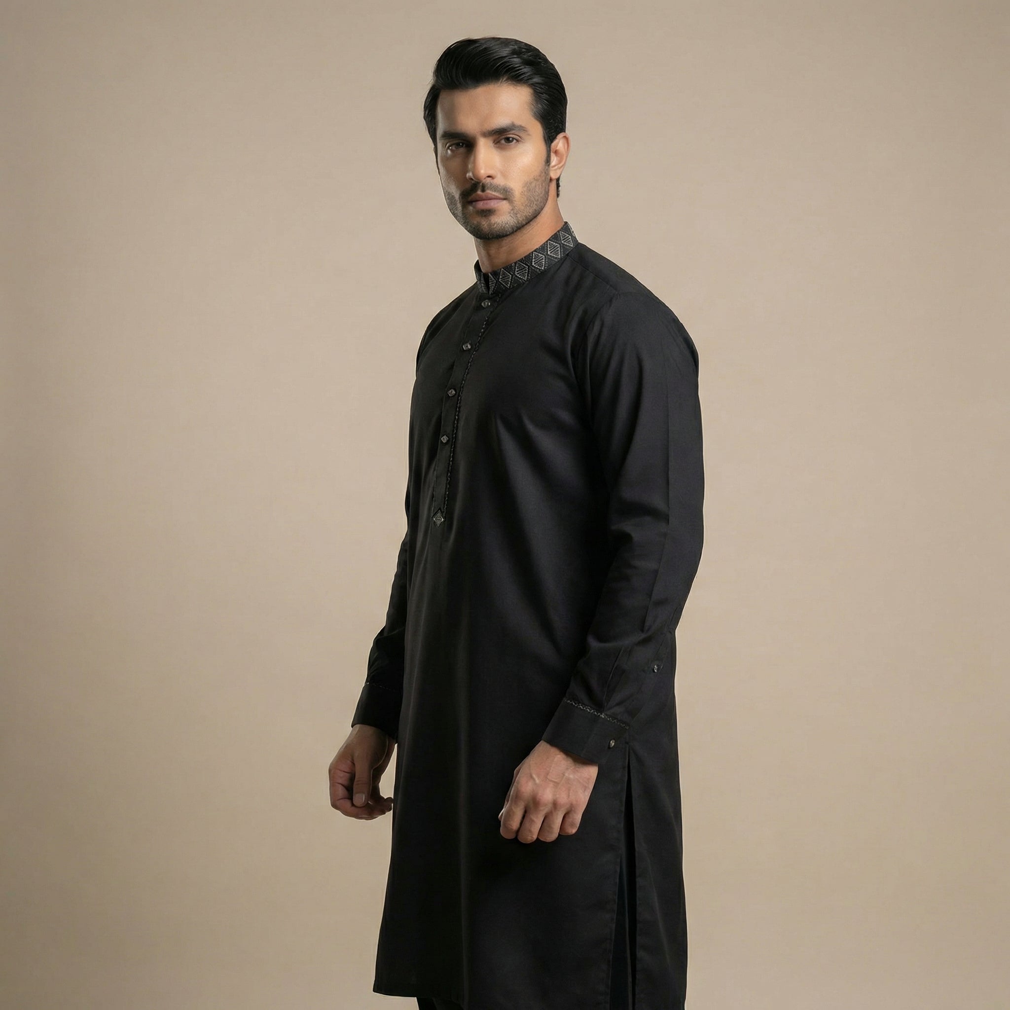 Taaroo Embroidery china Cotton Panjabi for Men - Black Karchupi TPJ-07