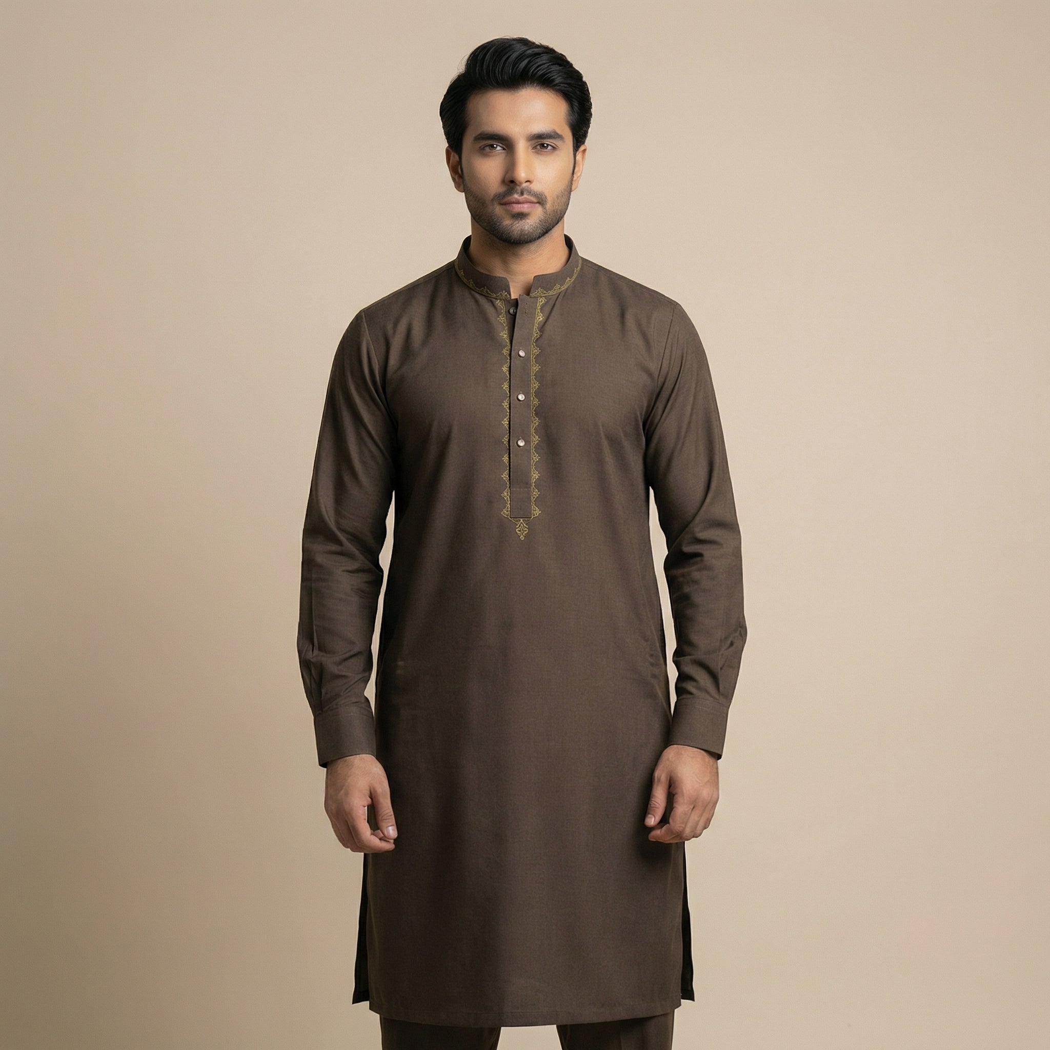 Taaroo Embroidery China Cotton Panjabi for Men - Brown -TPJ-12