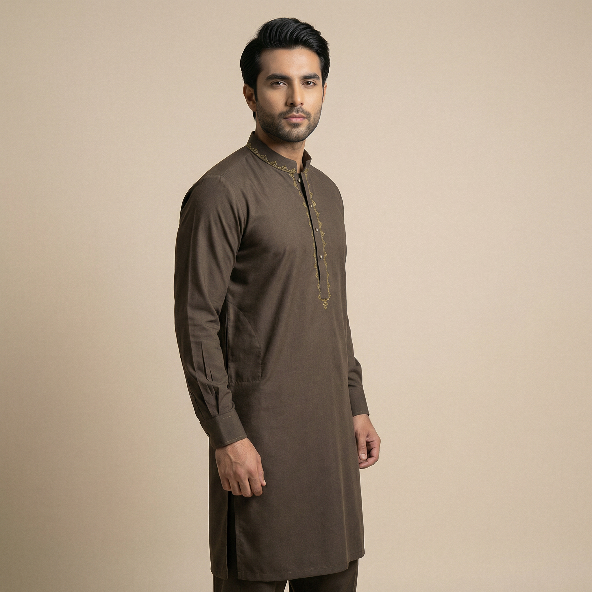 Taaroo Embroidery China Cotton Panjabi for Men - Brown -TPJ-12