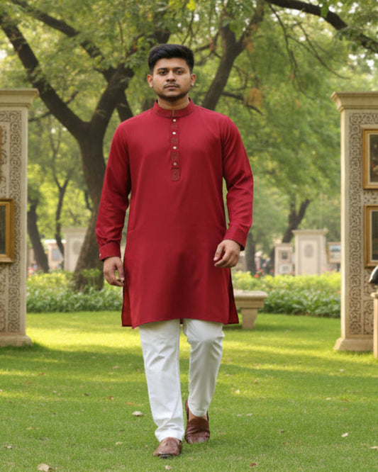 Taaroo Embroidery Cotton Panjabi for Men - Maroon - TPJ- 03