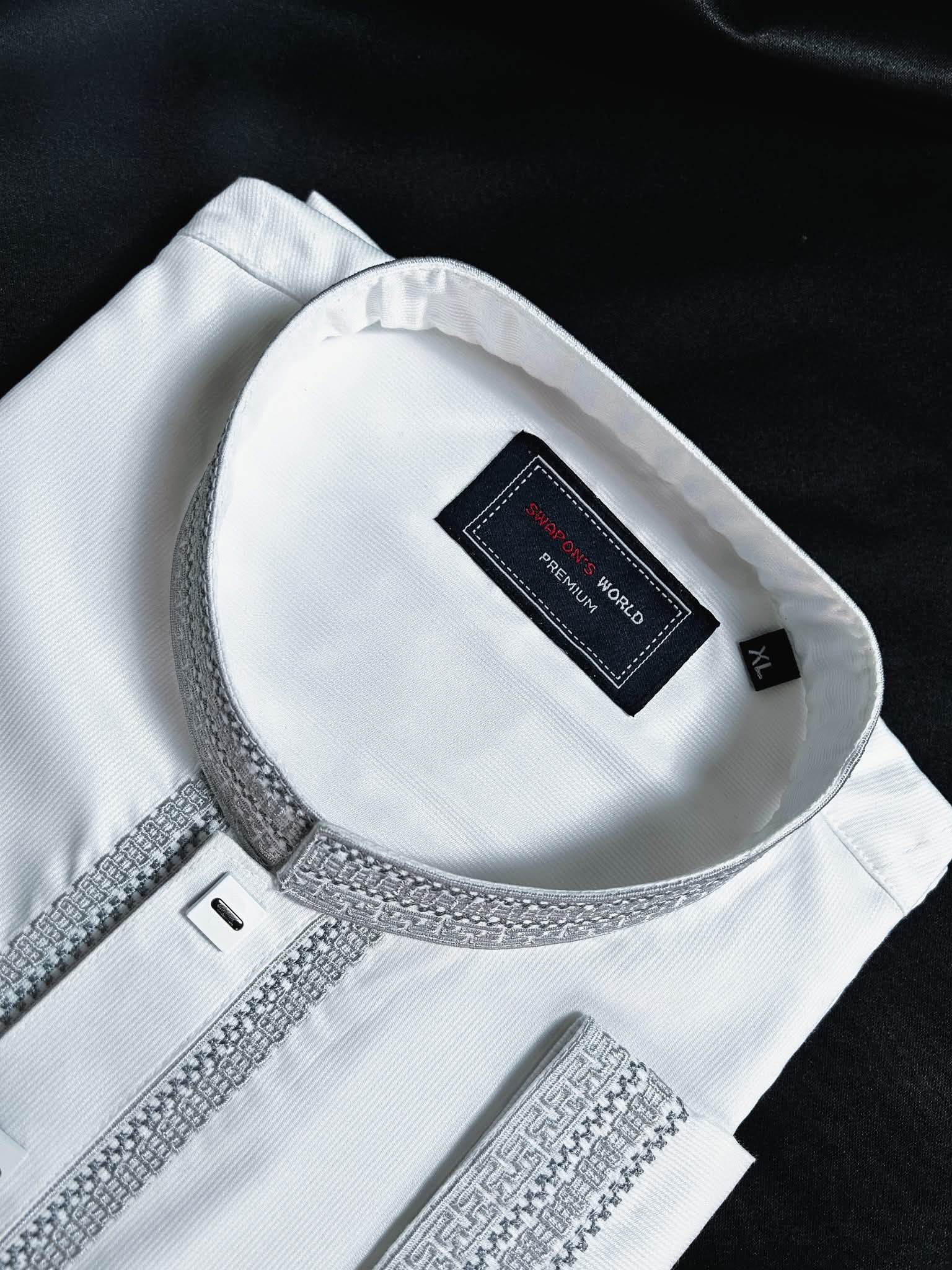 Taaroo Embroidery china Cotton Panjabi for Men - White  - TPJ-09