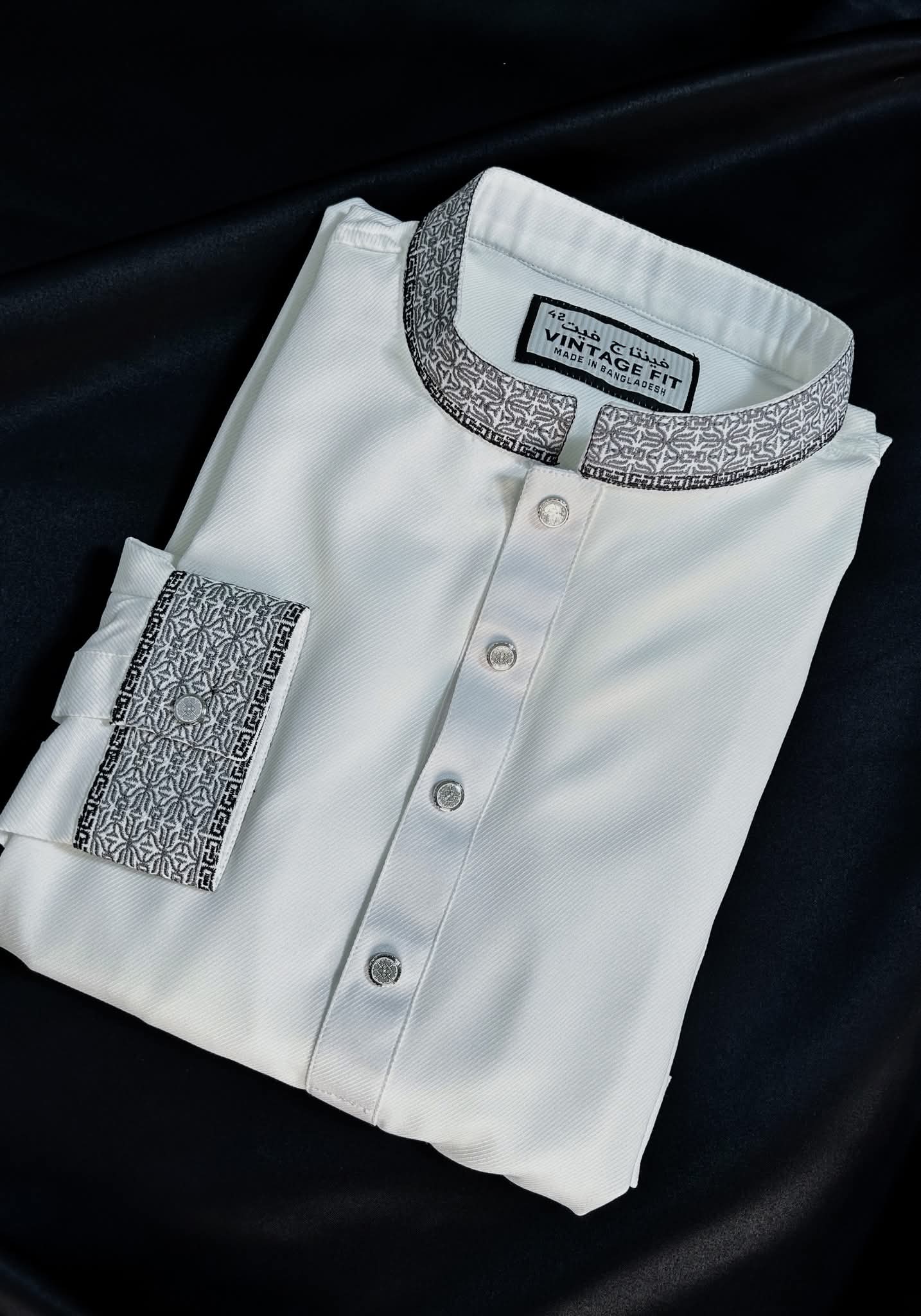 Taaroo Embroidery china Cotton Panjabi for Men -Pure White- TPJ-02