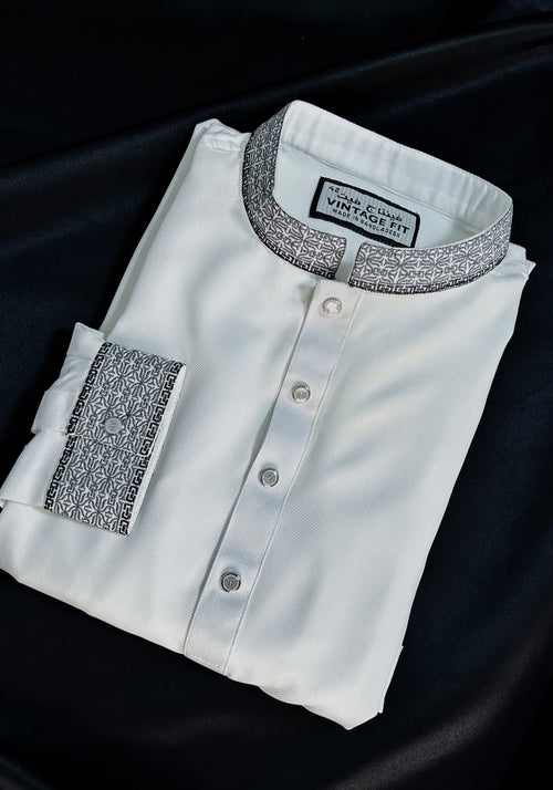 Taaroo Embroidery china Cotton Panjabi for Men -Pure White- TPJ-02