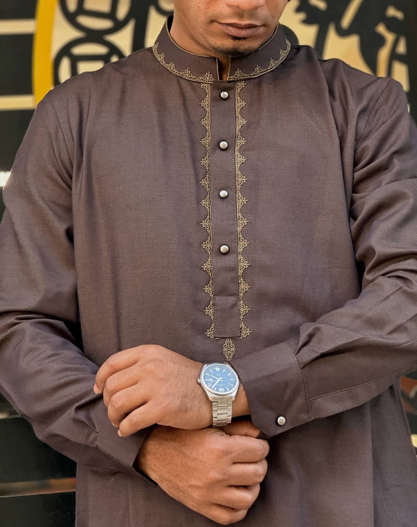 Taaroo Embroidery China Cotton Panjabi for Men - Brown -TPJ-12