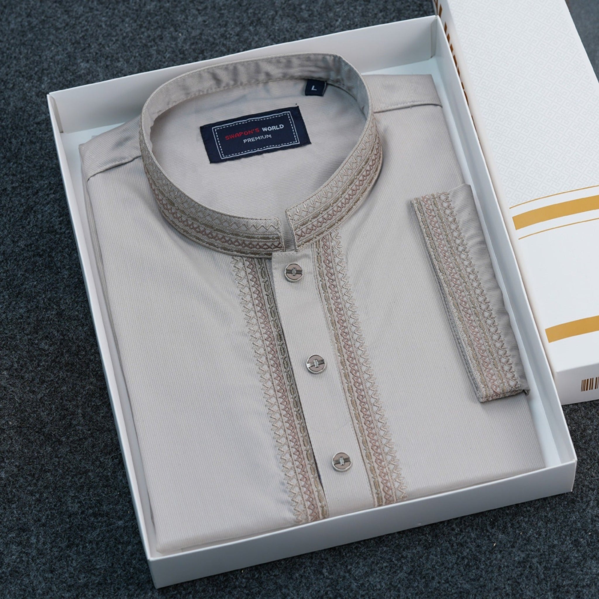 Taaroo Embroidery Cotton Panjabi for Men-Deep Off White  TPJ-10