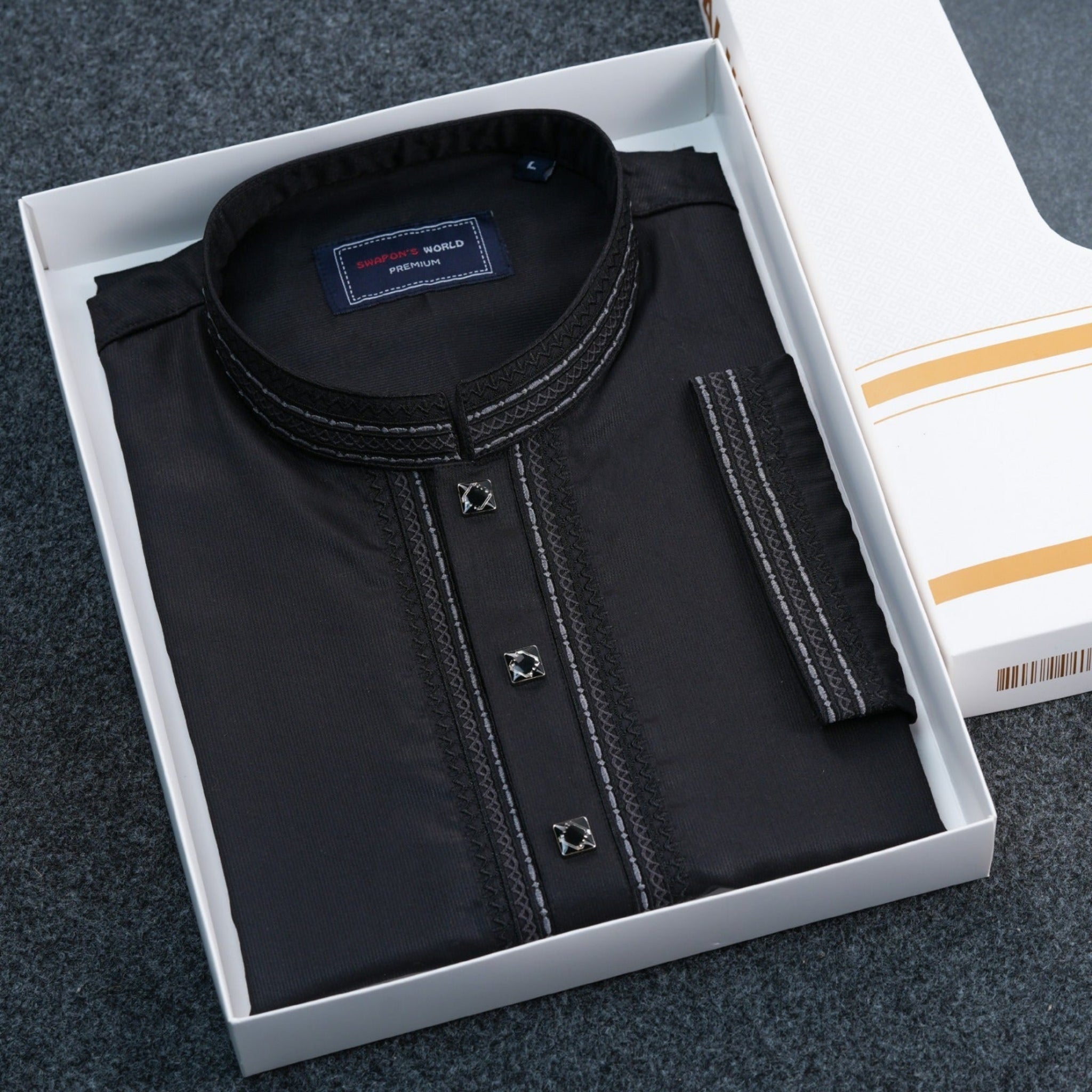 Taaroo Embroidery Cotton Panjabi for Men - Black Karchupi - TPJ-08