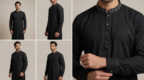 Taaroo Embroidery china Cotton Panjabi for Men - Black Karchupi TPJ-07