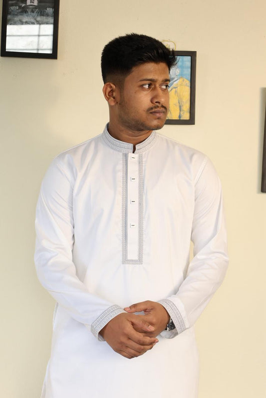 Taaroo Embroidery china Cotton Panjabi for Men - White  - TPJ-09