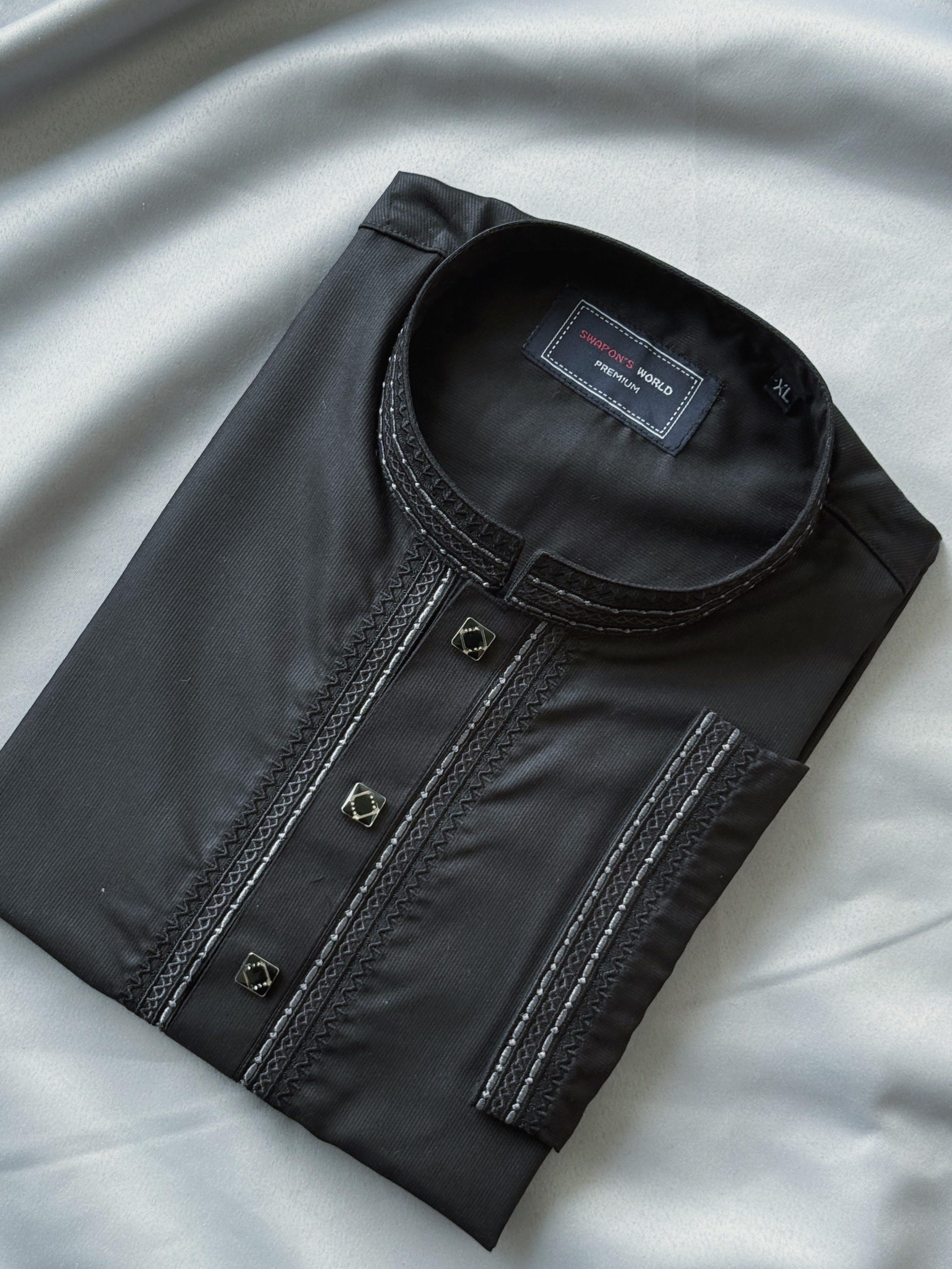 Taaroo Embroidery Cotton Panjabi for Men - Black Karchupi - TPJ-08