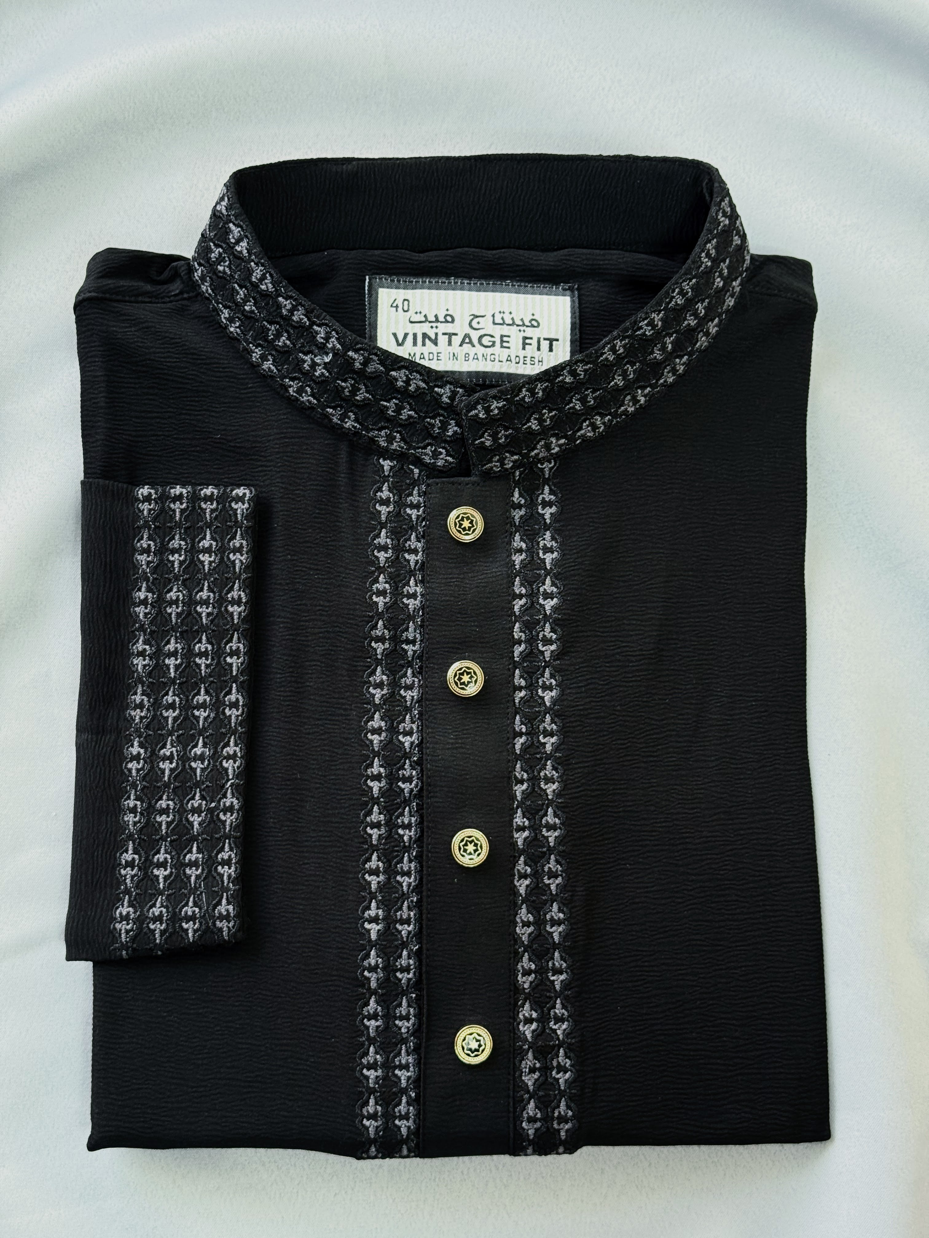 Taaroo Embroidery Saffron Fabric Panjabi for Men - Black Jafran -TPJ-06