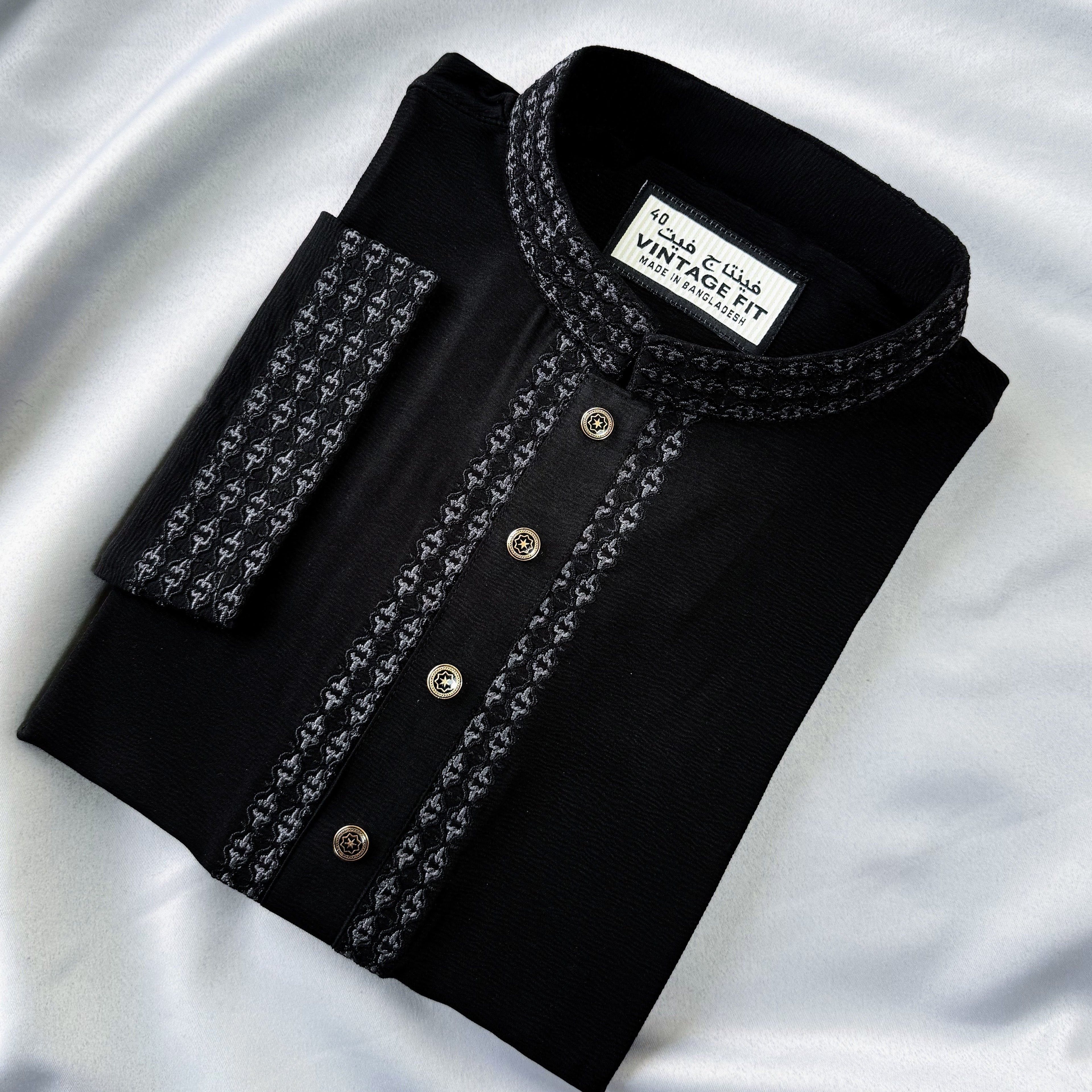 Taaroo Embroidery Saffron Fabric Panjabi for Men - Black Jafran -TPJ-06