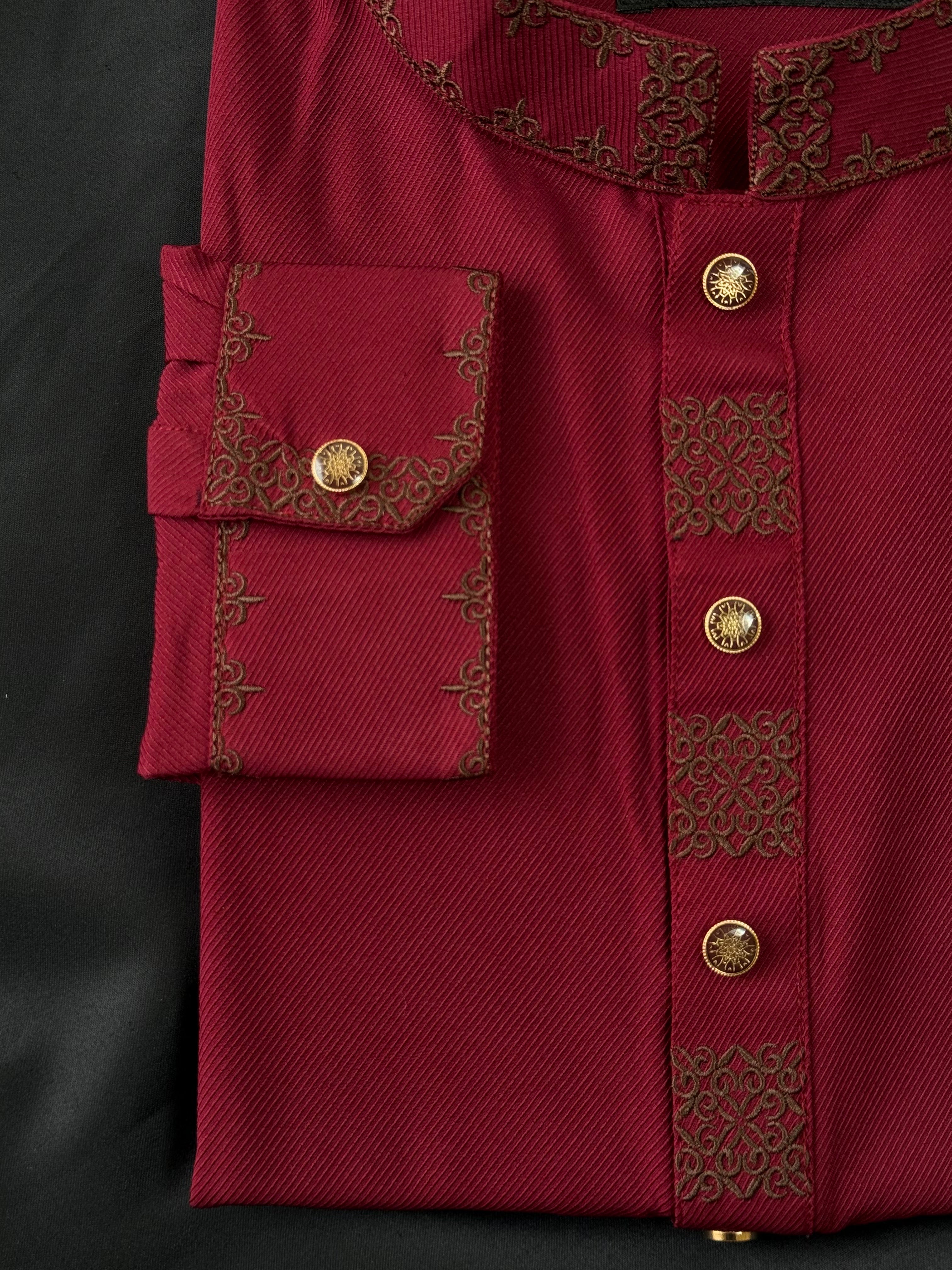 Taaroo Embroidery Cotton Panjabi for Men - Maroon - TPJ- 03
