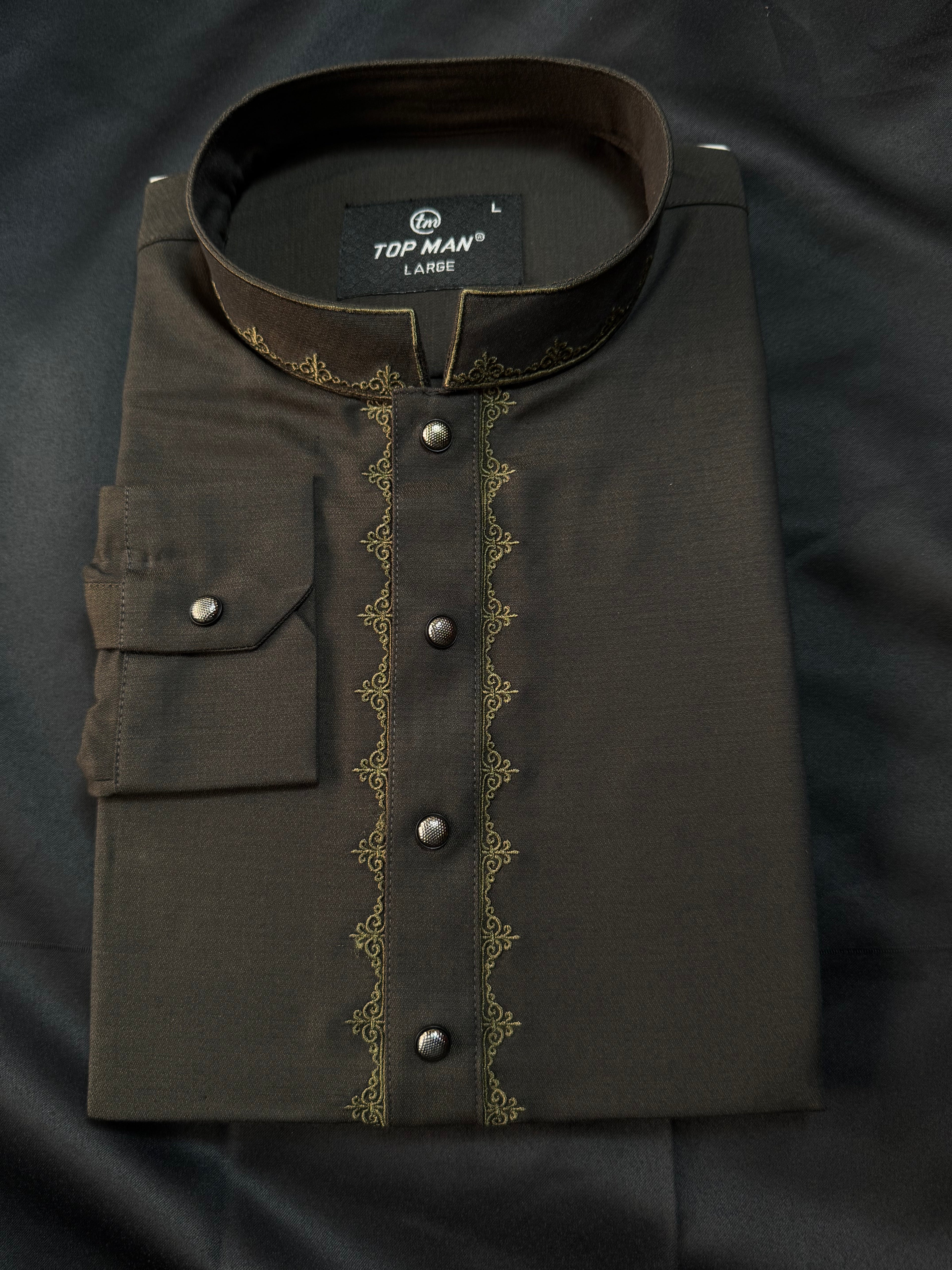 Taaroo Embroidery China Cotton Panjabi for Men - Brown -TPJ-12