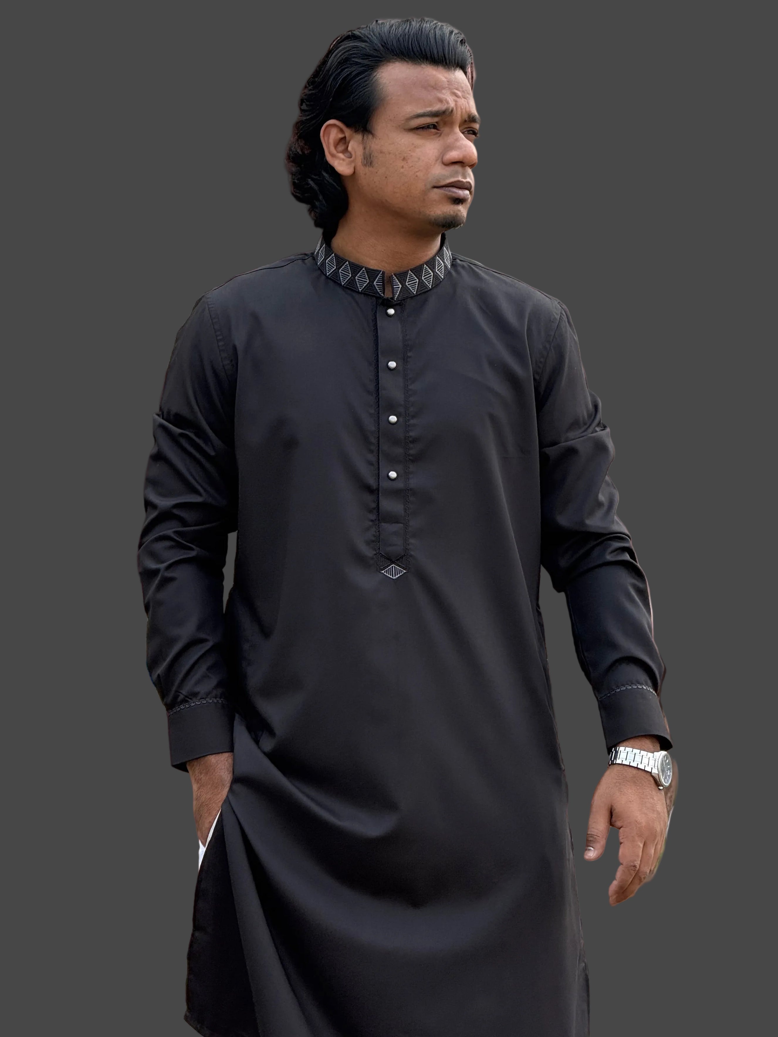 Taaroo Embroidery china Cotton Panjabi for Men - Black Karchupi TPJ-07