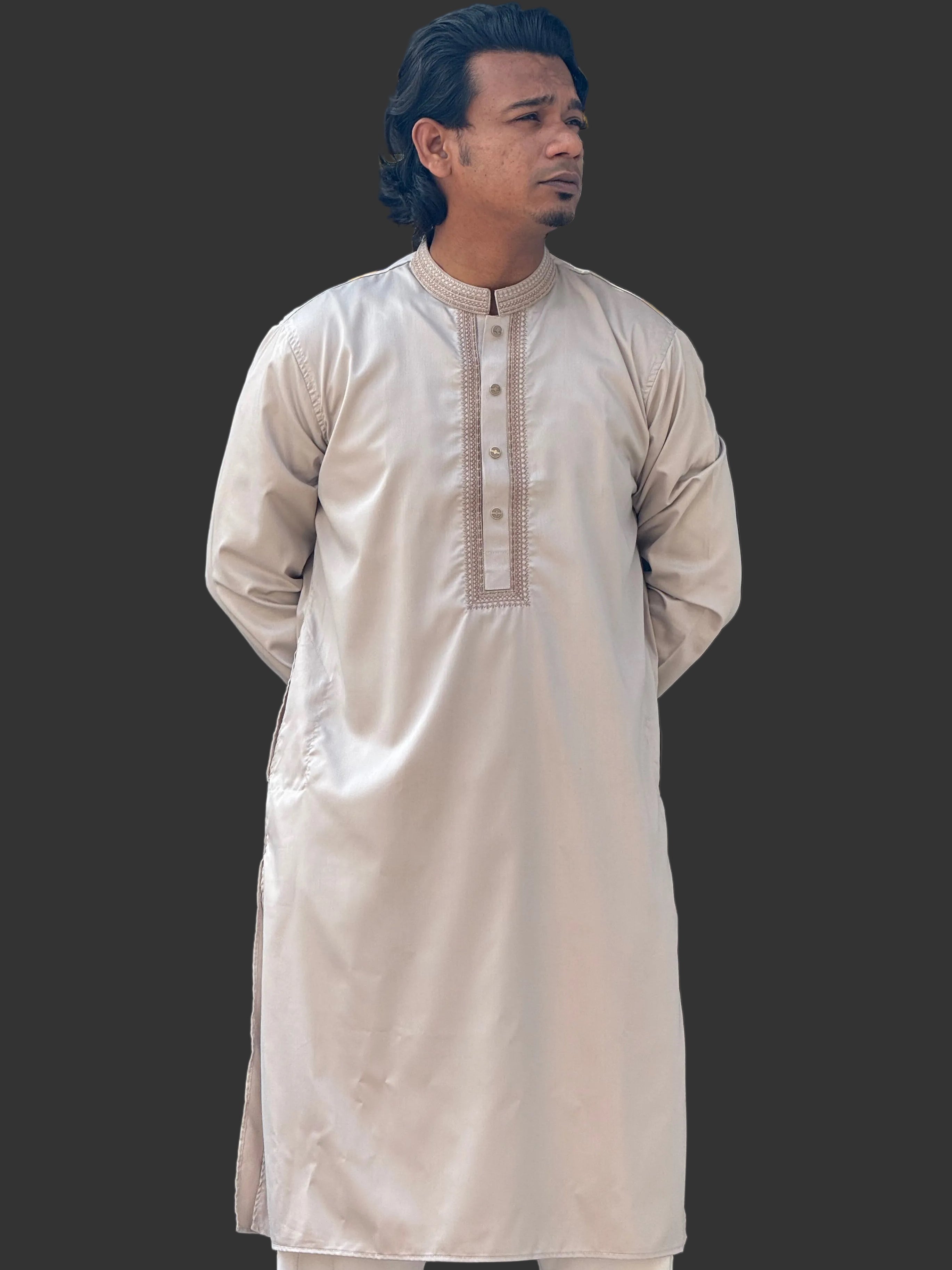 Taaroo Embroidery Cotton Panjabi for Men-Deep Off White  TPJ-10