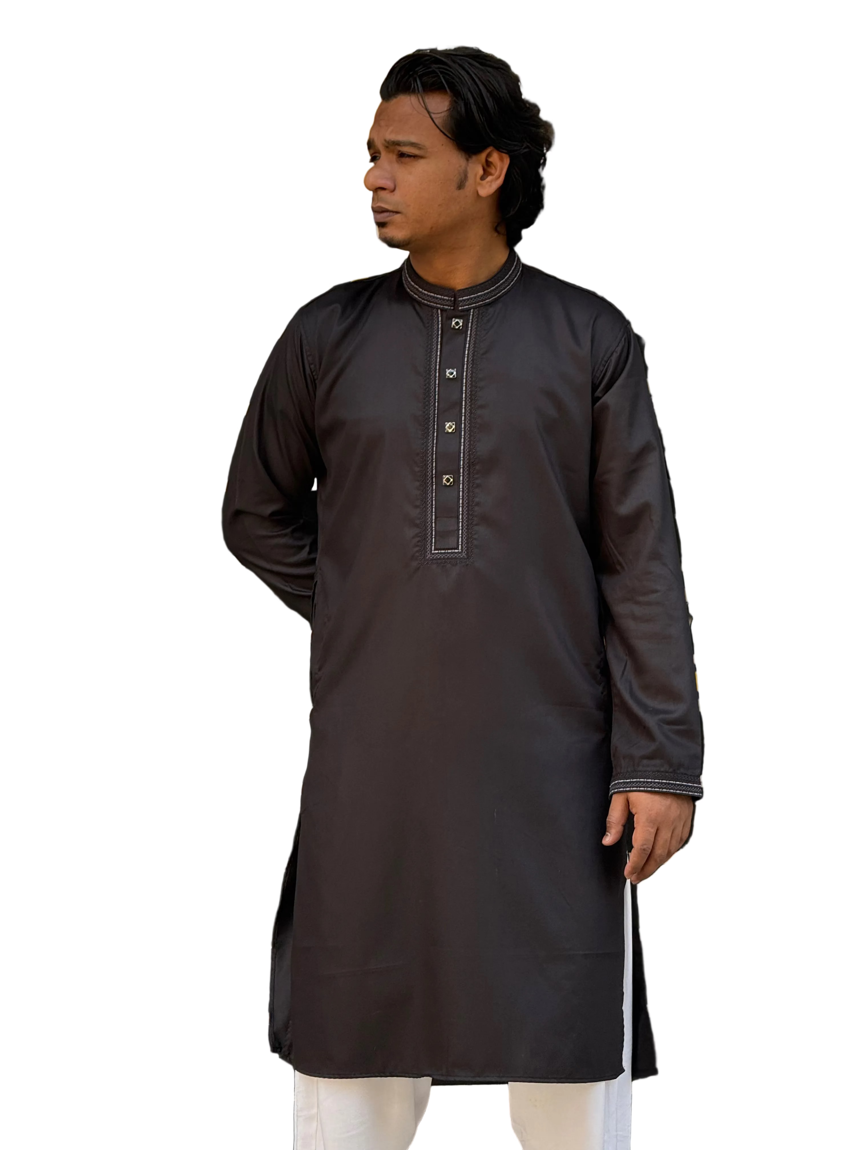 Taaroo Embroidery Cotton Panjabi for Men - Black Karchupi - TPJ-08