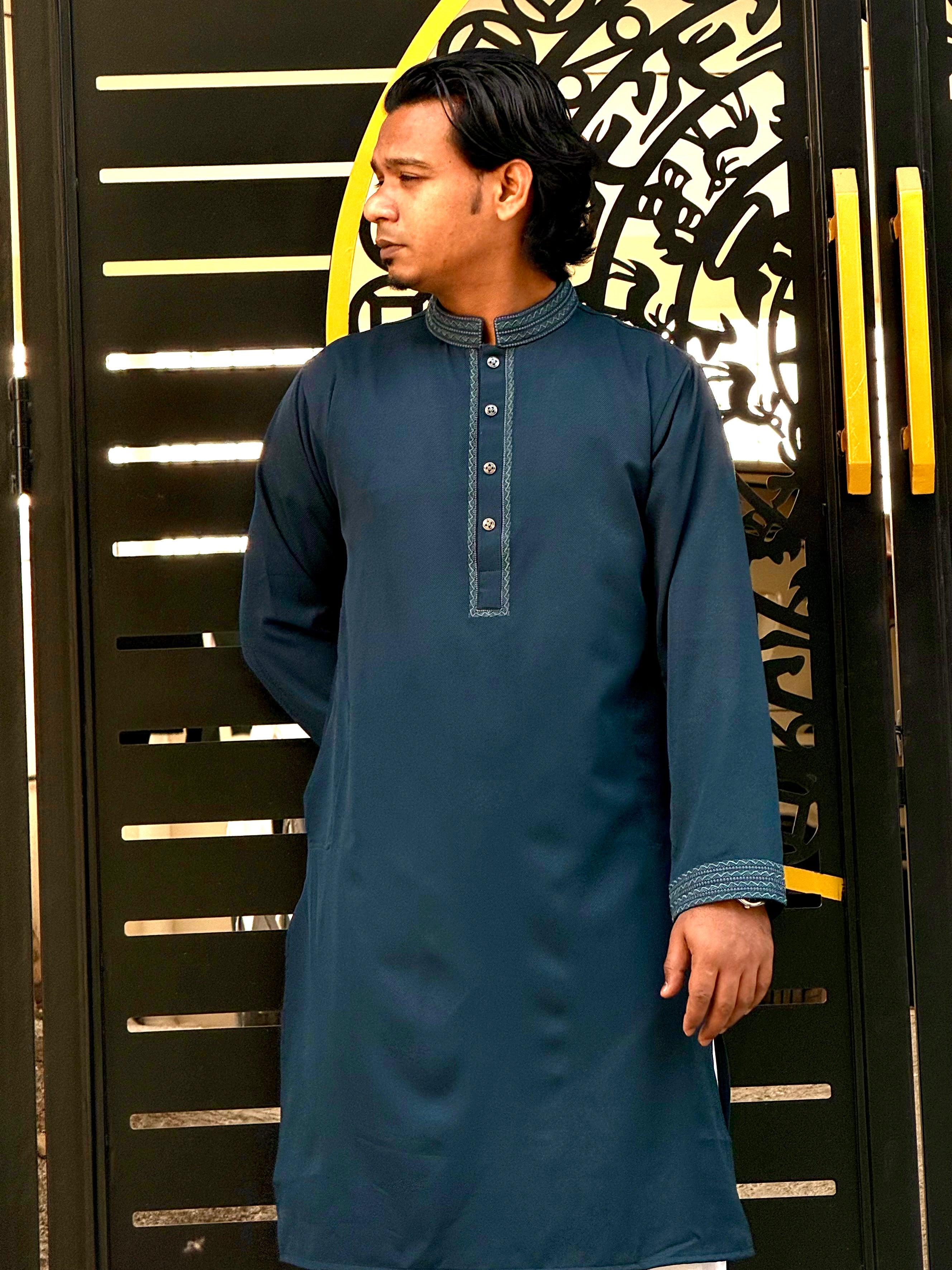 Taaroo Embroidery Cotton Panjabi for Men - Deep Teal Blue - TPJ-01