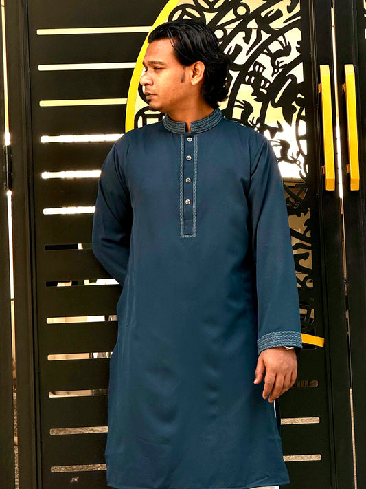 Taaroo Embroidery Cotton Panjabi for Men - Deep Teal Blue - TPJ-01
