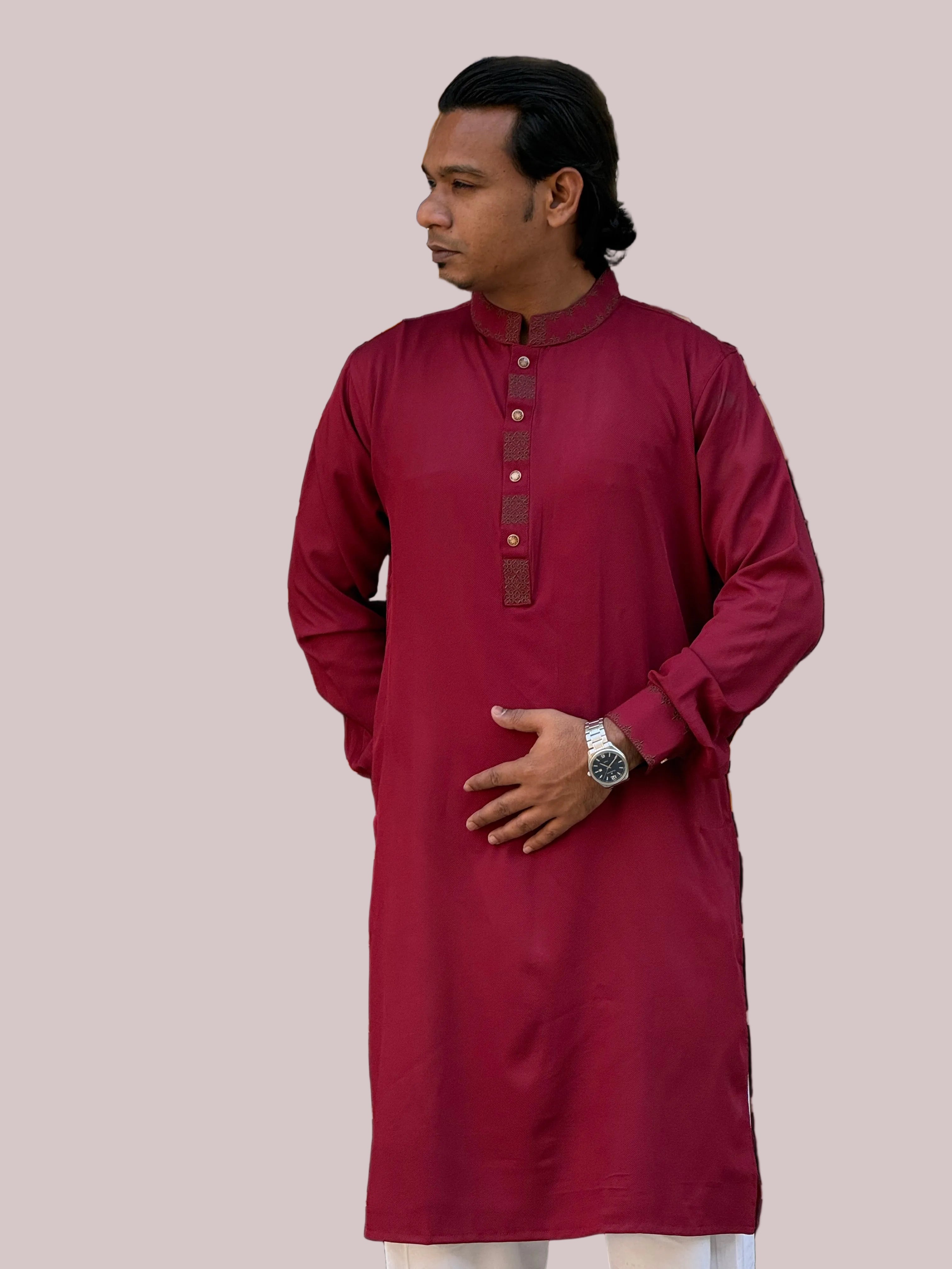 Taaroo Embroidery Cotton Panjabi for Men - Maroon - TPJ- 03