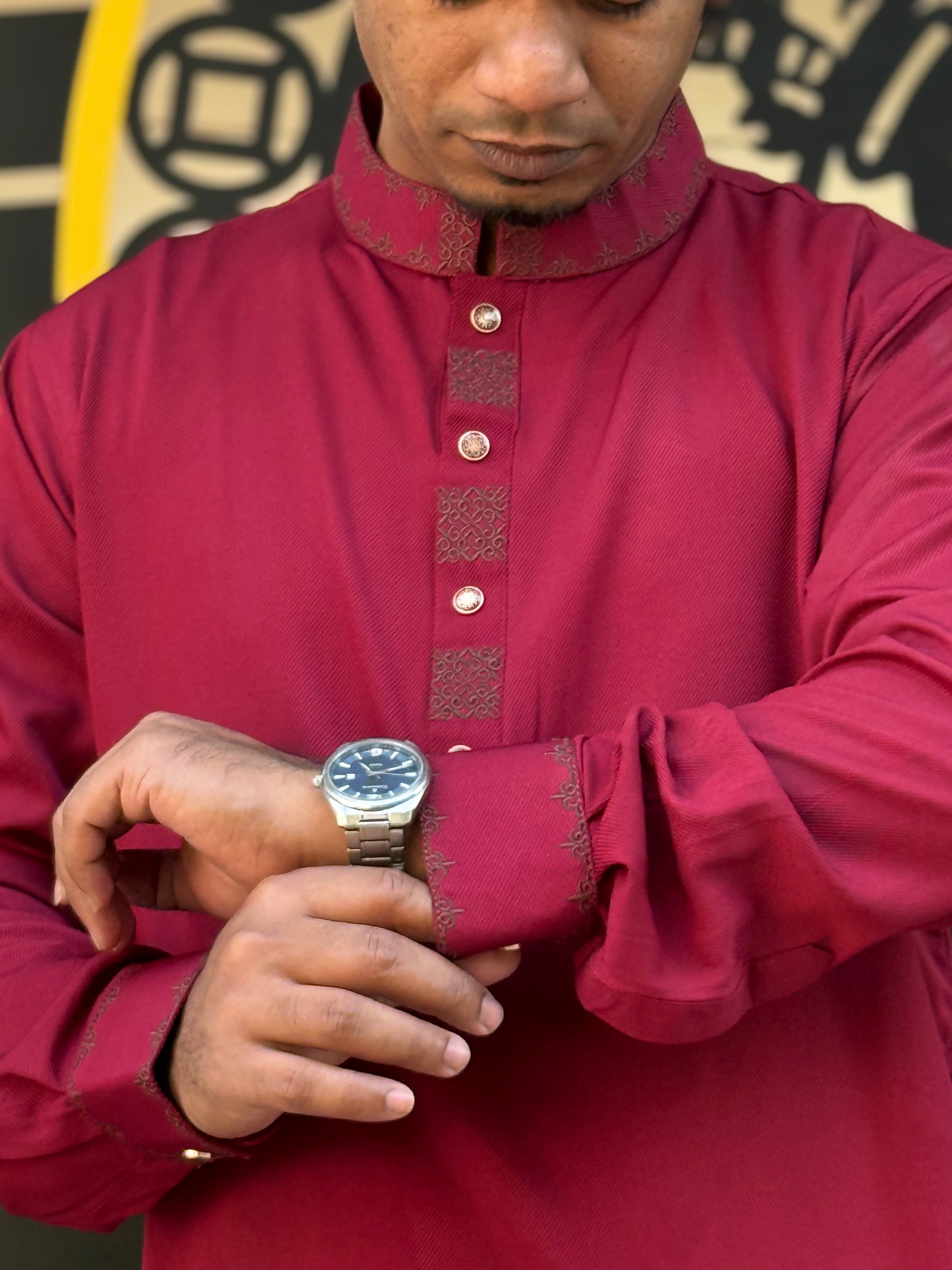 Taaroo Embroidery Cotton Panjabi for Men - Maroon - TPJ- 03