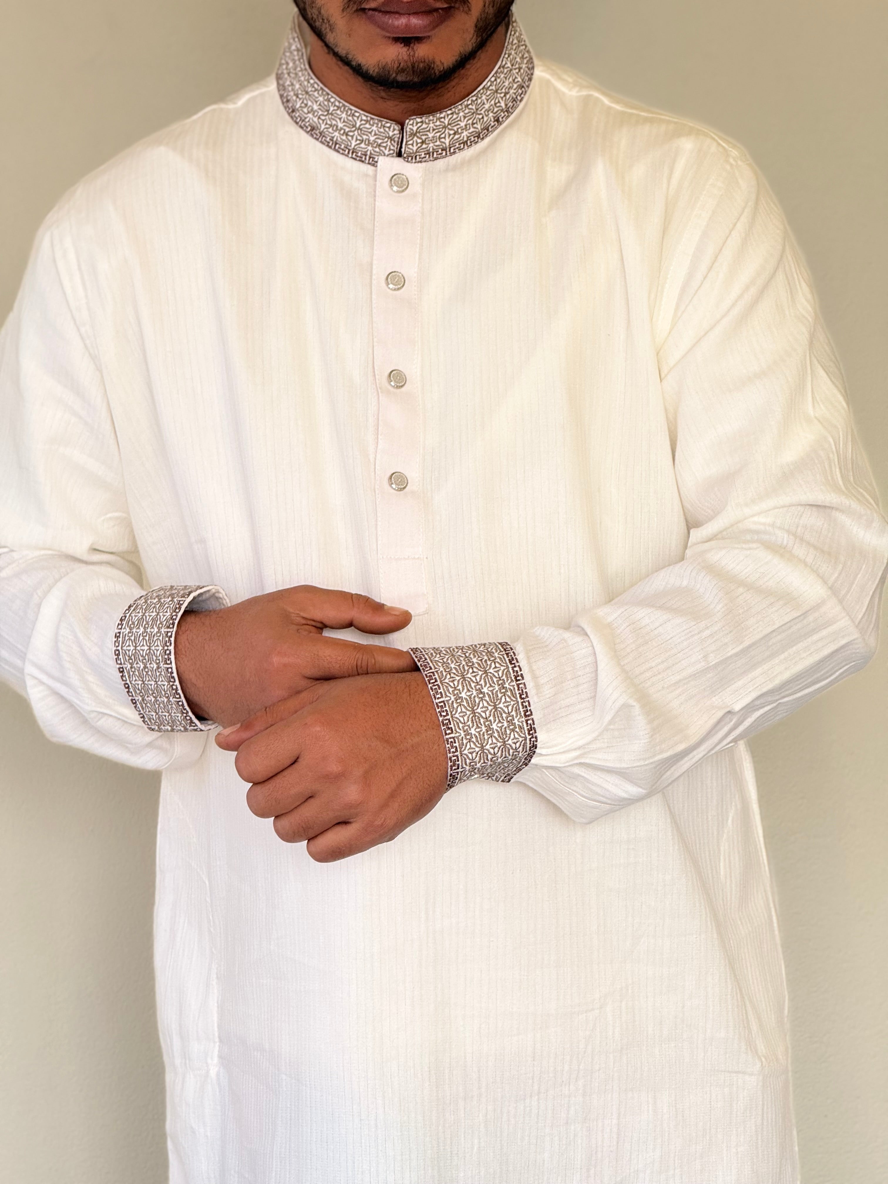 Taaroo Embroidery Cotton Fabric Panjabi for Men - Pure off white-TPJ-05