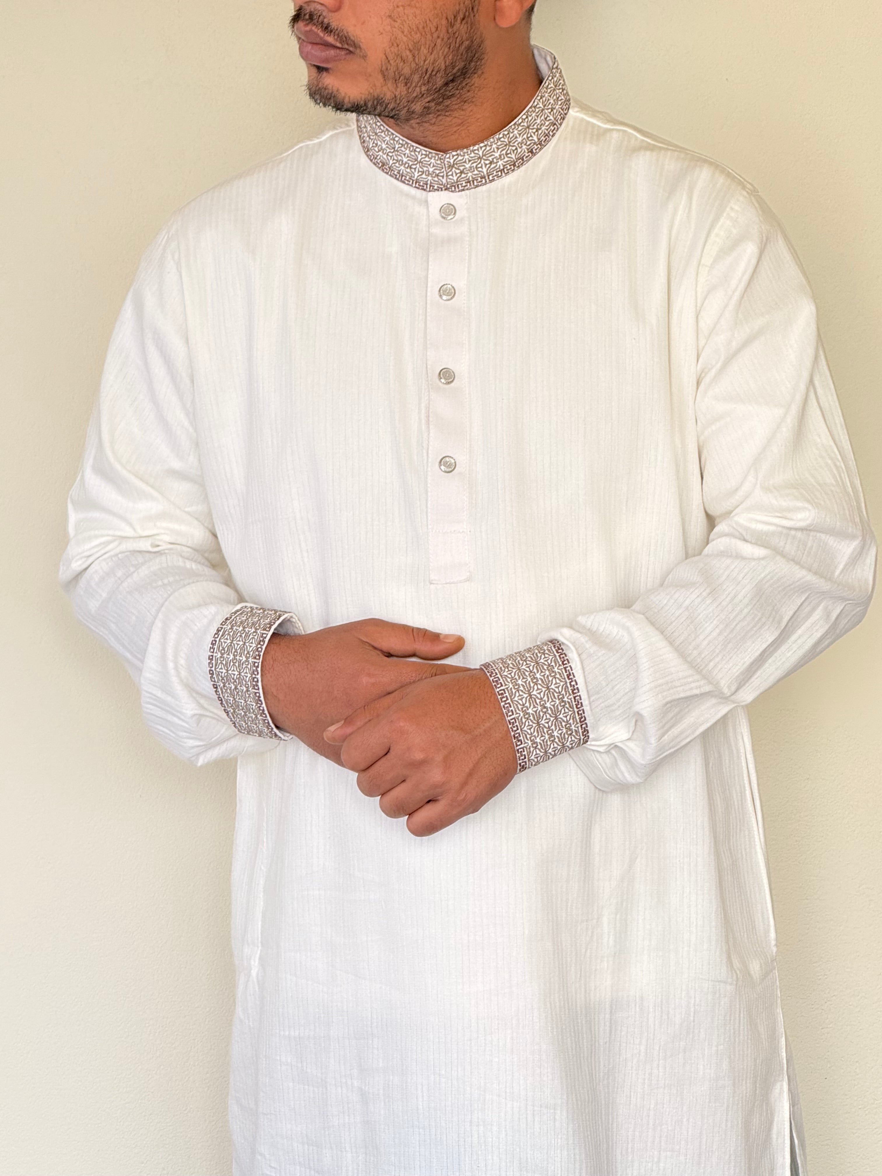 Taaroo Embroidery Cotton Fabric Panjabi for Men - Pure off white-TPJ-05