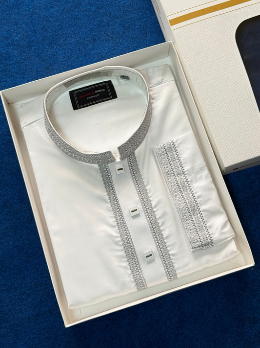 Taaroo Embroidery china Cotton Panjabi for Men - White  - TPJ-09