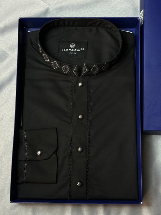 Taaroo Embroidery China Cotton Panjabi for Men - Black Karchupi TPJ-07