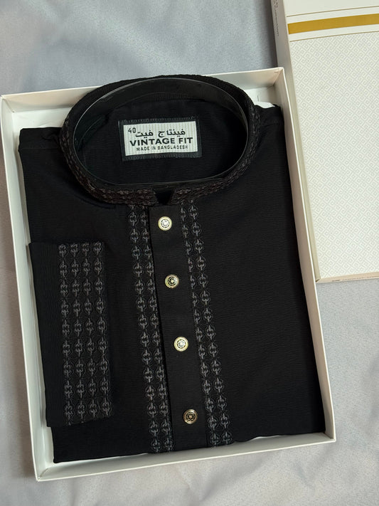 Taaroo Embroidery Zaffran Fabric Panjabi for Men - Black Jafran -TPJ-06