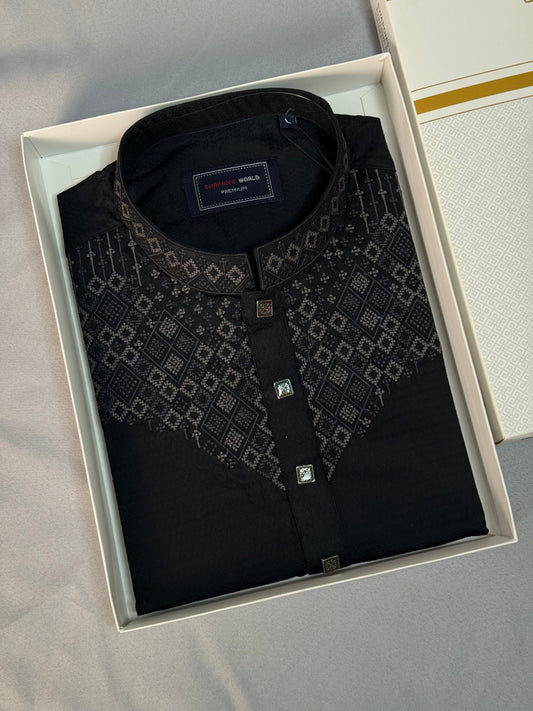 Taaroo Embroidery Cotton Karchupi Panjabi for Men - Black - TPJ-11