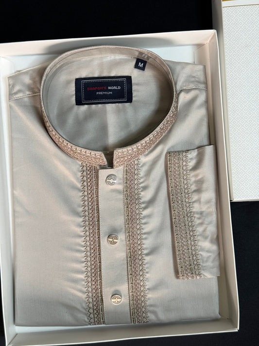 Taaroo Embroidery Cotton Panjabi for Men-Deep Off White  TPJ-10