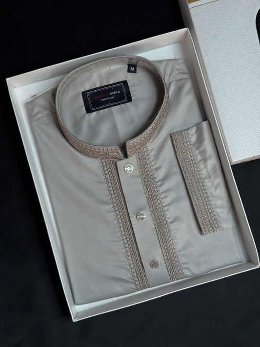 Taaroo Embroidery Cotton Panjabi for Men-Deep Off White  TPJ-10