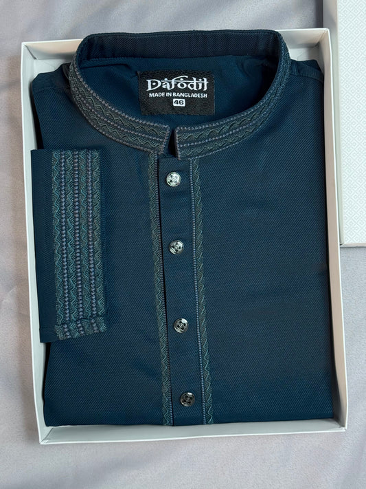 Taaroo Embroidery Cotton Panjabi for Men - Deep Teal Blue - TPJ-01