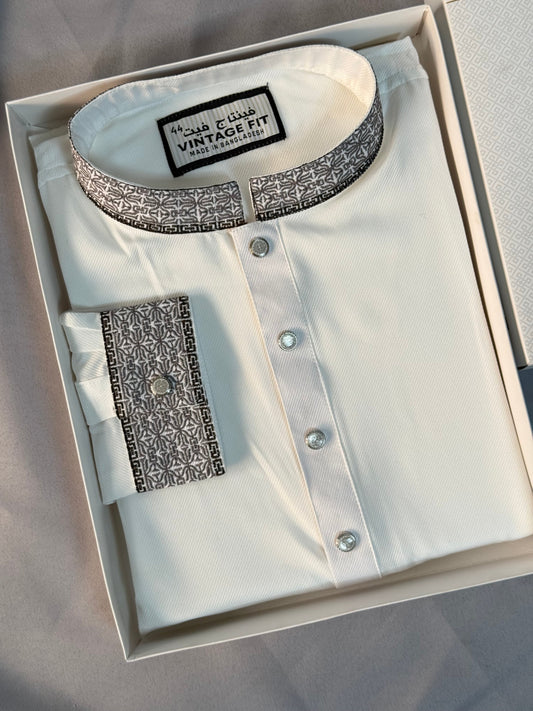 Taaroo Embroidery china Cotton Panjabi for Men -Pure White- TPJ-02