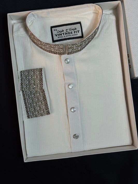 Taaroo Embroidery Cotton Fabric Panjabi for Men - Pure off white-TPJ-05