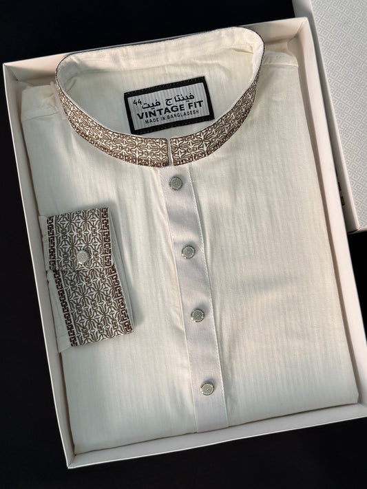 Taaroo Embroidery Cotton Fabric Panjabi for Men - Pure off white-TPJ-05