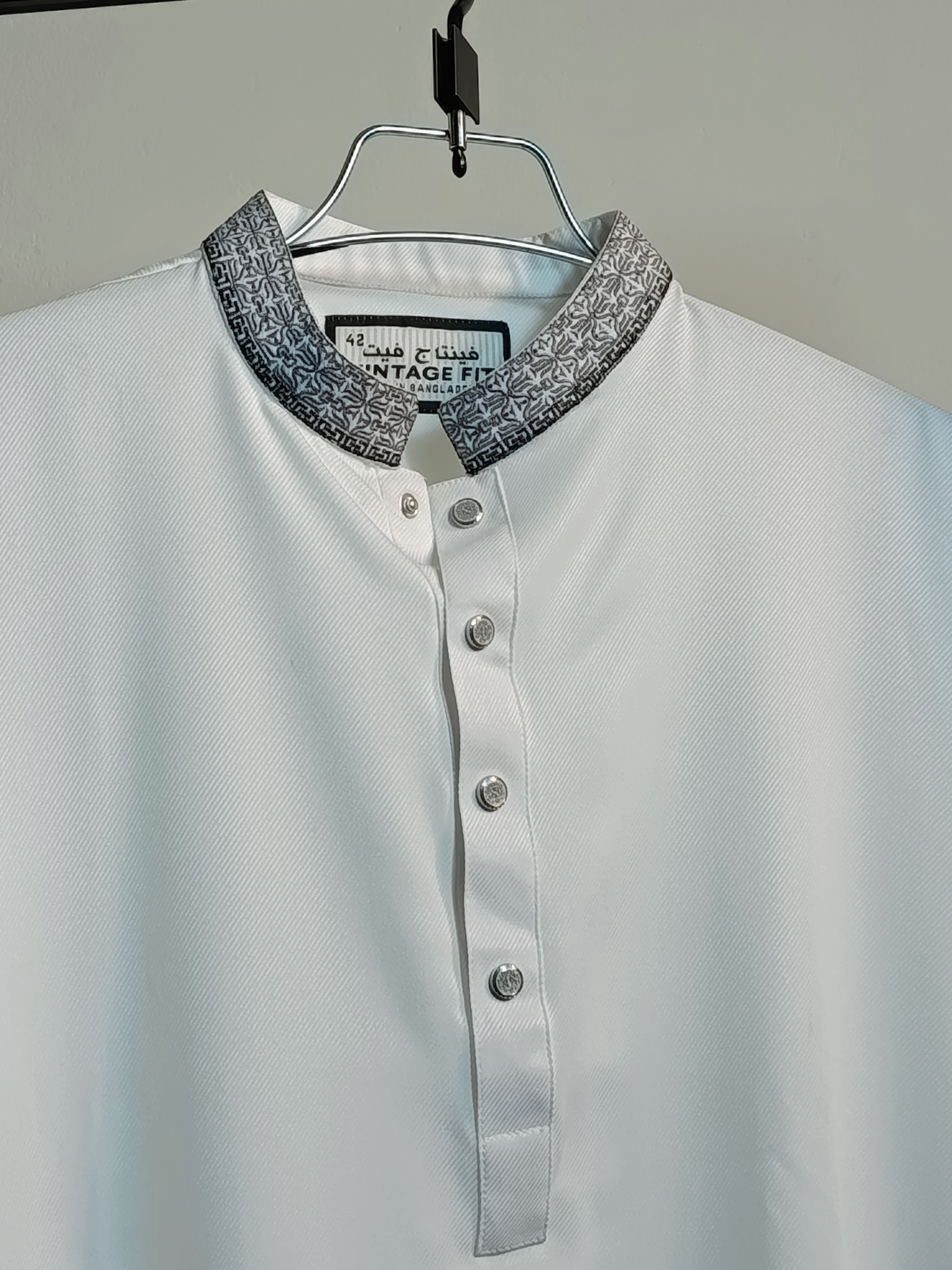 Taaroo Embroidery china Cotton Panjabi for Men -Pure White- TPJ-02