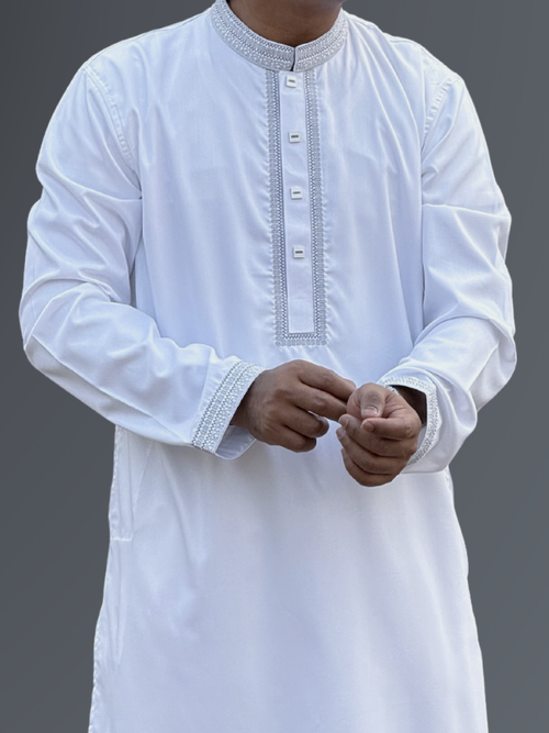 Taaroo Embroidery china Cotton Panjabi for Men - White  - TPJ-09