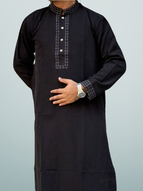 Taaroo Embroidery Saffron Fabric Panjabi for Men - Black Jafran -TPJ-06