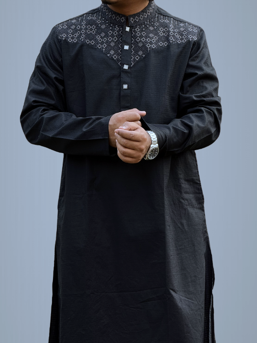 Taaroo Embroidery Cotton Karchupi Panjabi for Men - Black - TPJ-11