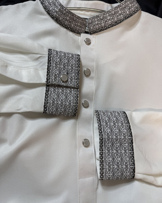 Taaroo Embroidery china Cotton Panjabi for Men -Pure White- TPJ-02