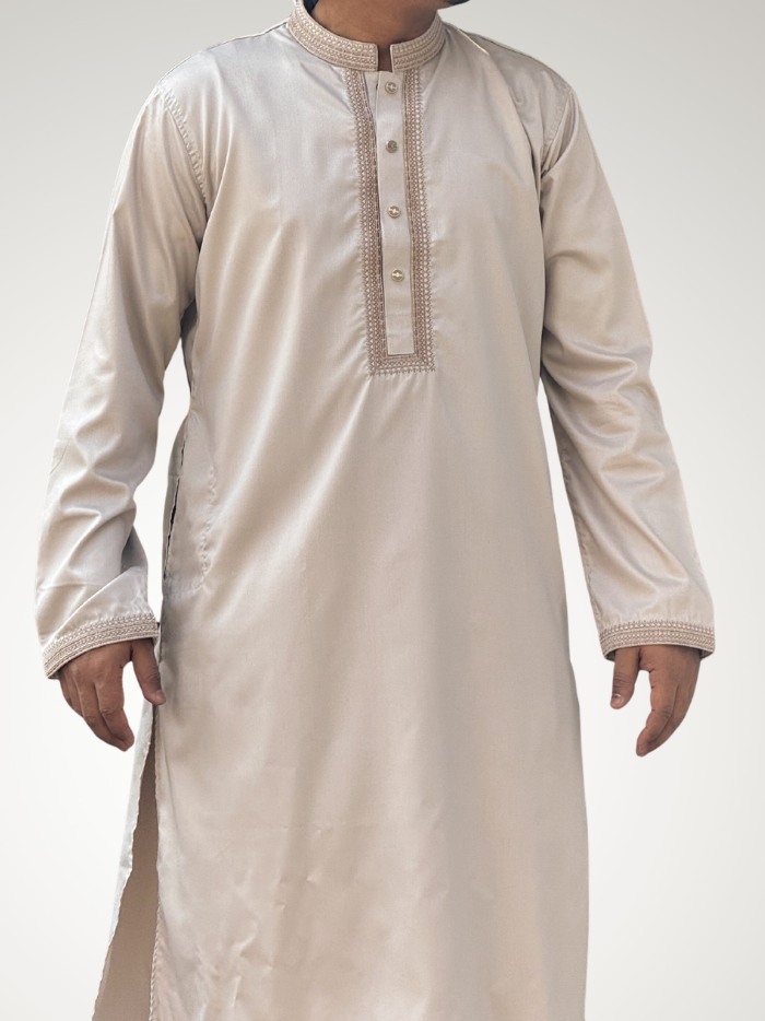 Taaroo Embroidery Cotton Panjabi for Men-Deep Off White  TPJ-10