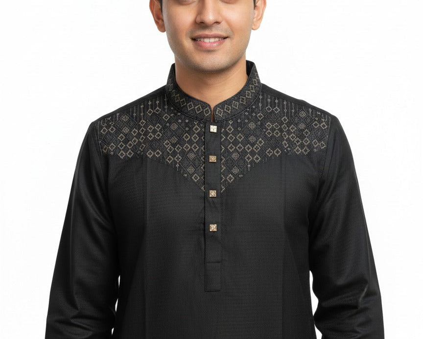 Taaroo Embroidery Cotton Karchupi Panjabi for Men - Black - TPJ-11